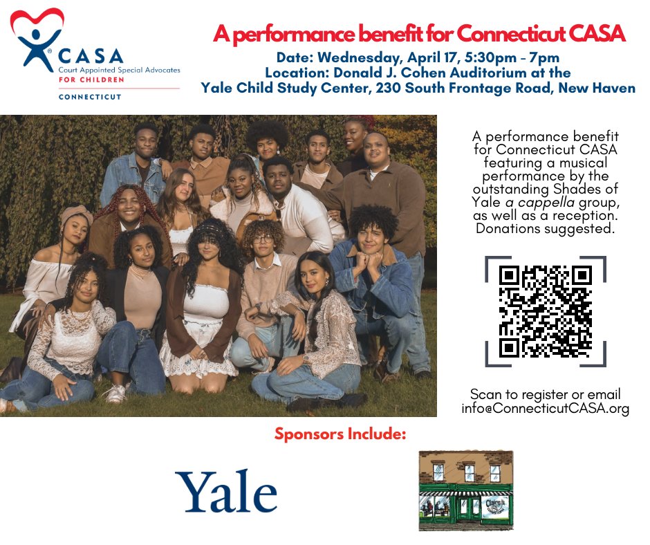 Join us: April 17 Benefit for the #CASA movement for #CT #children; music by @ShadesofYale, hosted @YaleCSC. Early sponsors already include #Yale U. & @ClairesNewHaven, with thanks! cc: @BROD35 To register, scan QR or email: info[at]ConnecticutCASA.org connecticutcasa.org/performance-be…