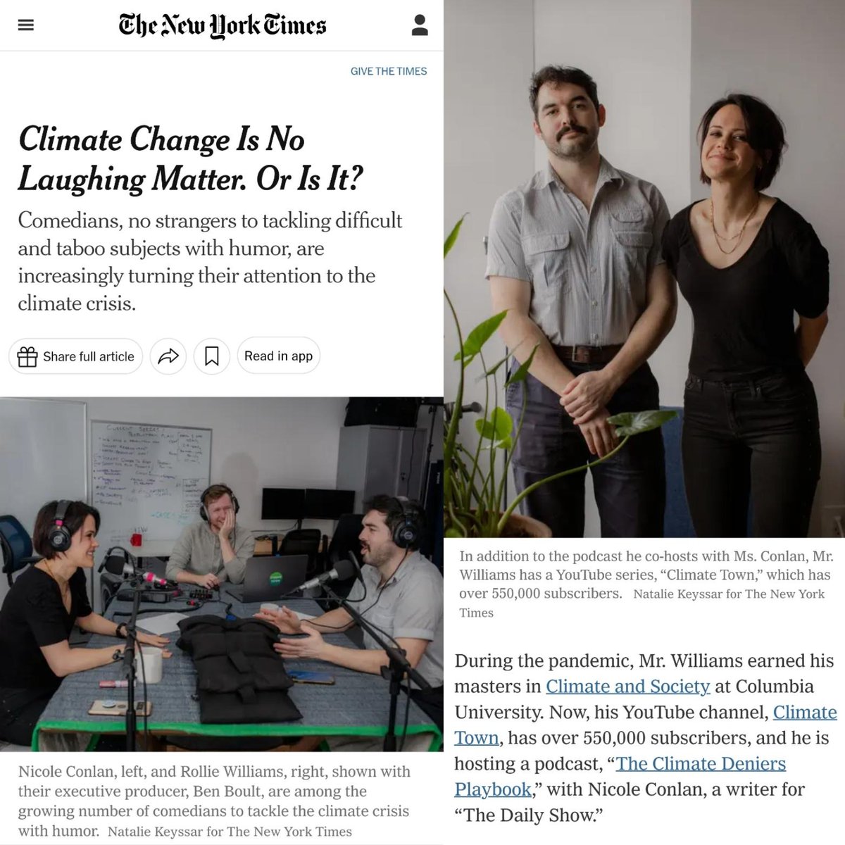 Thanks to @nytimes for covering the center of my venn diagram. It's a dream to get to make @ClimateTown and The Climate Denier's Playbook with @NicoleConlan and Matt Nelsen & Ben Boult. Thanks to @HilaryNYC for the words and @nataliekeyssar for the pics nytimes.com/2024/02/09/nyr…