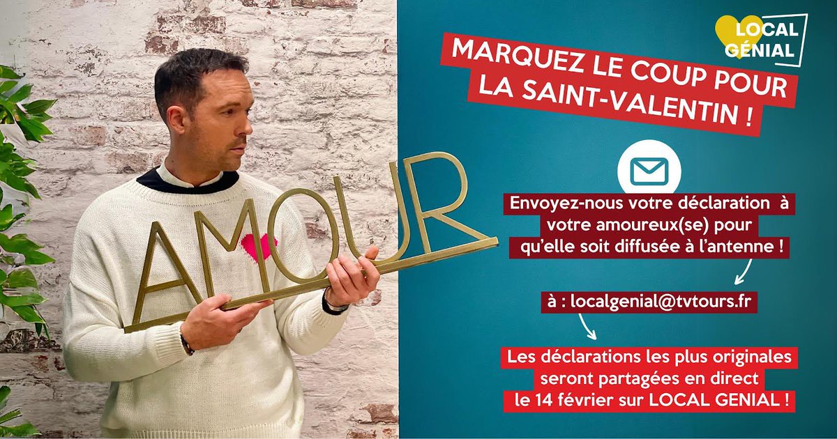 aurelien_lg's tweet photo. ♥️Marquez le coup pour la Saint-Valentin
Envoyez-nous votre déclaration à votre amoureux(se) pour qu'elle soit diffusée à l'antenne de @TVTOURS 
💌 localgenial@tvtours.fr
Les déclarations les plus originales seront partagées en direct sur @localgenial !💜
À vous de jouer ! https://t.co/xnXwpe4VwT