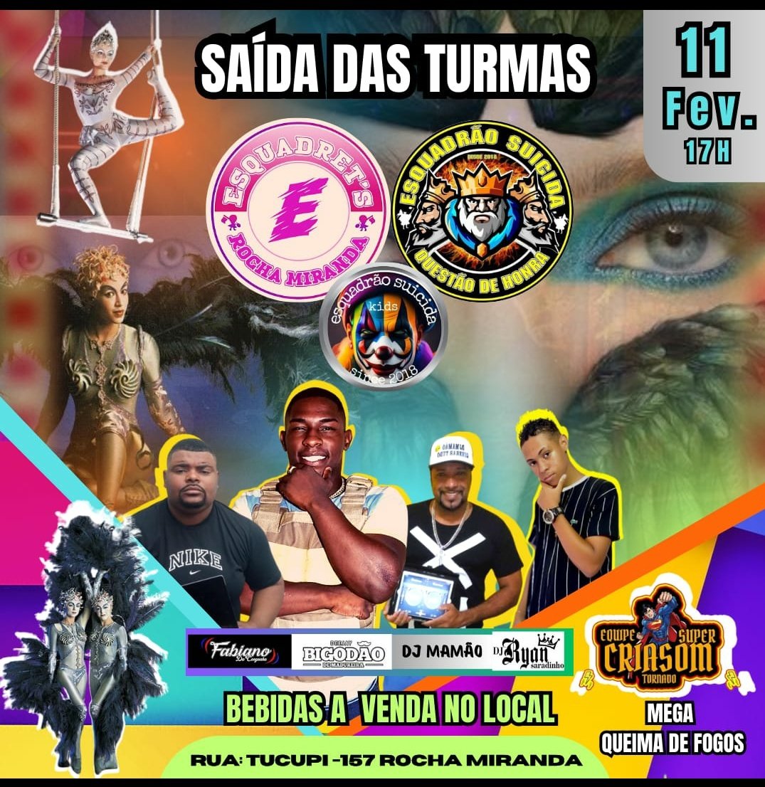 TEMA Circo du Soleil
Enredo Alegria.. 🎪 

Temático Sim.. vão entender? Talvez🤔 

 Esquadrao Suicida RM &amp; Esquadret's.. Fantasia ou Bate Bola?🤫🤭

Que Deus nos abençoe e nos proteja…🙏

Domingo Réveillon na Tucupi 🤭🎭🎆

#PAZNOCARNAVAL…🕊️🕊️🕊️