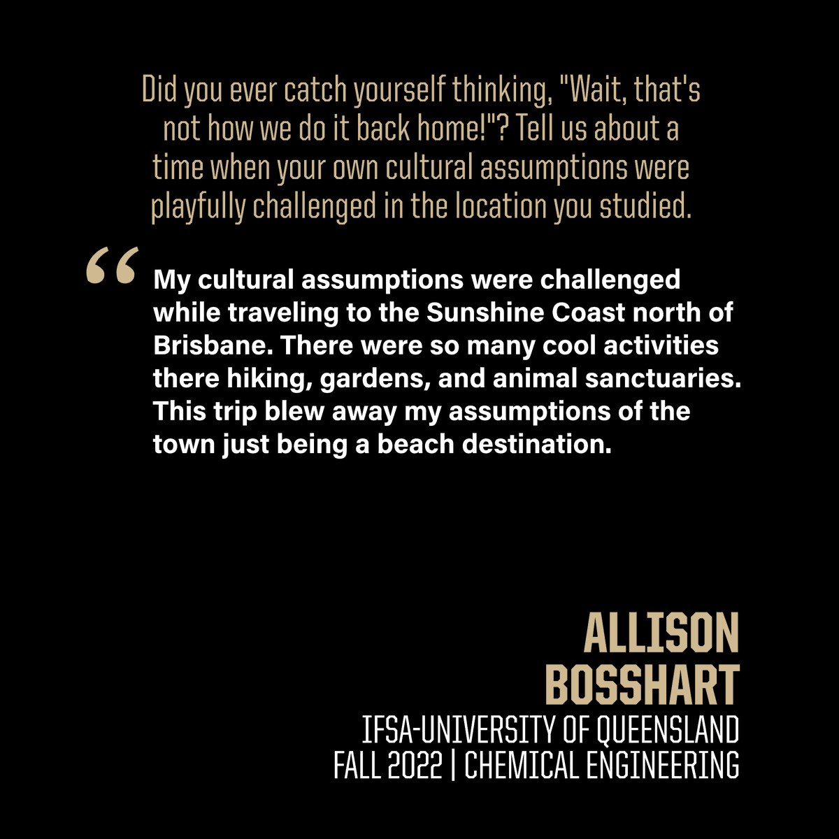 Allison Bosshart is a senior in @purduecheme who studied abroad in Queensland, Australia. Read more about her about her time abroad on our Instagram! #purduecheme #purduechemicalengineering #boilersabroad #PurdueGEPP #universityofqueensland #studyabroad