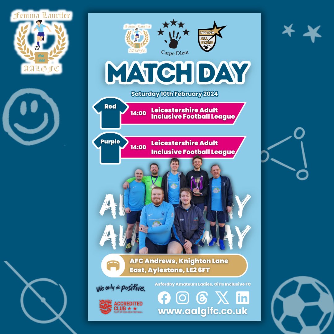 ⚽ INCLUSIVE FOOTBALL 🩵

Good luck to all our teams playing tomorrow in the <a href="/LeicsAIFL/">Leicestershire Adult Inclusive Football League</a>! 🙏🏼👏🏻

#AALGIFC 

<a href="/leicsfa/">Leicestershire FA</a> <a href="/EnglandFootball/">England Football</a>