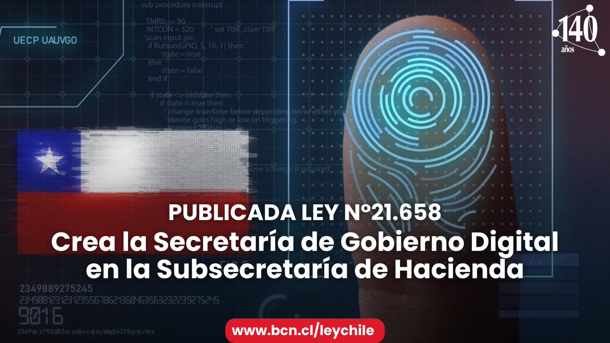 Publicada Ley 21.658. Crea la Secretaría de Gobierno Digital en la Subsecretaría de Hacienda, y adecúa los cuerpos legales que indica.
Disponible en Ley Chile: bcn.cl/3hwdh
Historia de la ley: s.bcn.cl/3hwda