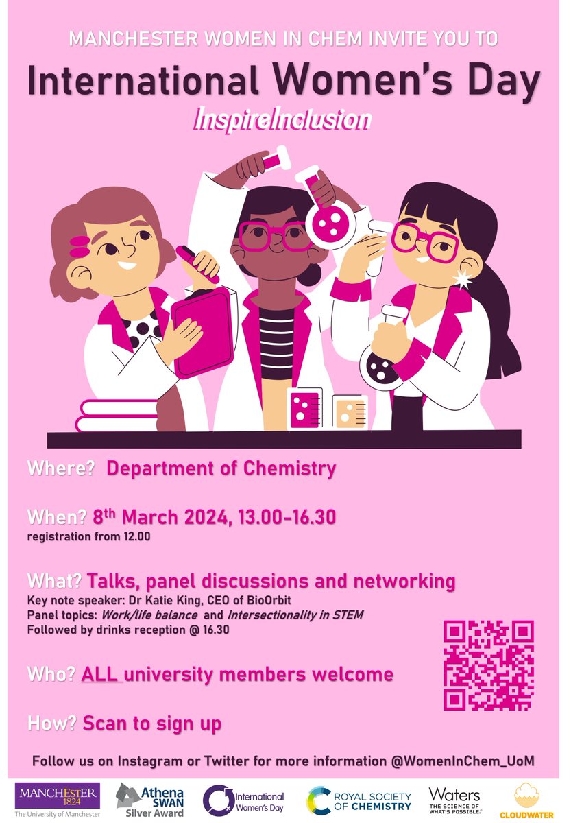 Join us in the Chemistry Department this International Women's Day! #IWD2024 👩‍🔬⚛️🧪Thank you to @GillianMcArth10 for designing our wonderful poster #ChemistryBarbie