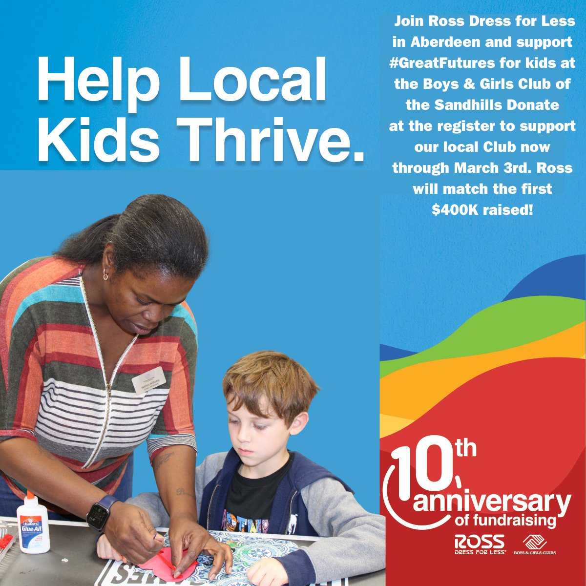 This year, we are celebrating the 10th anniversary of the @RossDressForLess Aberdeen
fundraiser. Support the Boys &amp; Girls Club of the Sandhills by visiting your local store and donating at the register!
#BGCAxRossStores #supportinggreatfutures💙