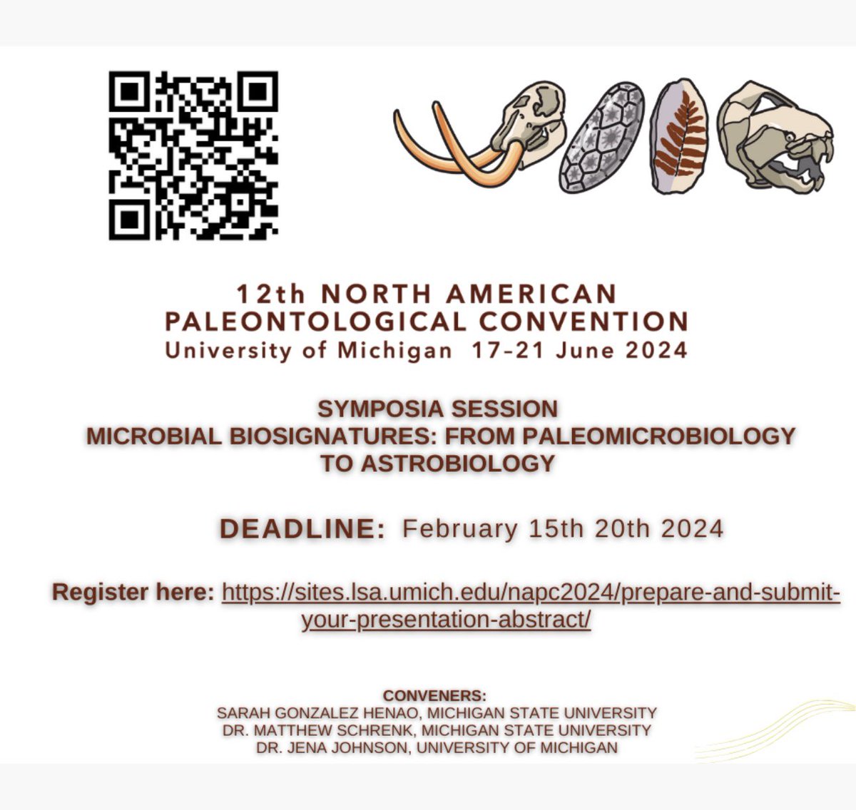 Working on microbial biosignatures and paleomicrobiology? 

Submit your abstract to the symposia session “Microbial biosignatures:from paleomicrobiology to Astrobiology”

One week away from abstract submission to #NAPC2024
#astrobiology
 @Napc2024 @schrenk_lab 
@MSUNatSci
