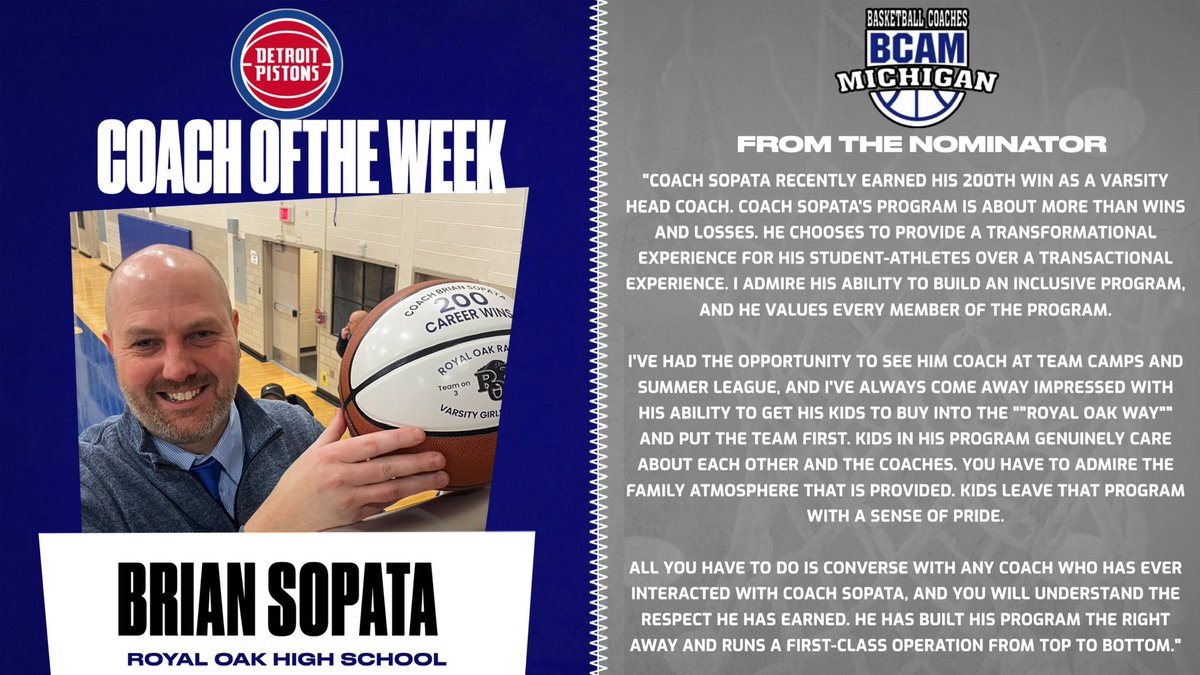 BCAMCoaches's tweet photo. Our Week 10 Coach of the Week presented by @DetroitPistons is Brian Sopata (@bmsopata) of @ROHSAthletic!

Congratulations Brian!! https://t.co/v5PwT8rGja