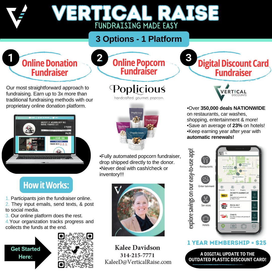 KaleeDavidson2's tweet image. Team fundraising shouldn't be TIME-CONSUMING! @VerticalRaise offers 3 EASY and EFFECTIVE fundraising options for your program. Send me a DM or scan the QR code to get your Spring fundraiser scheduled 💰👏👏👏