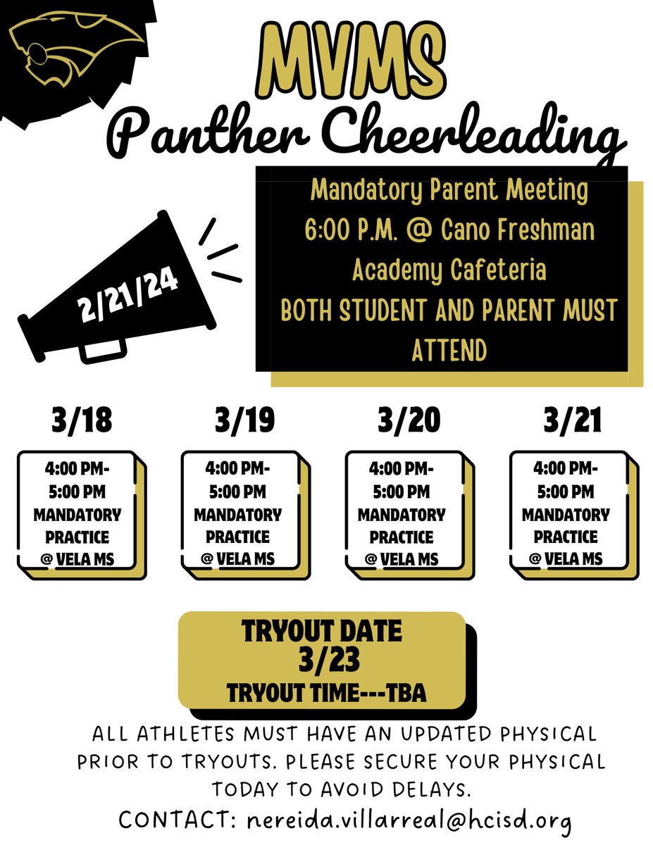 📢 Attention Panther Families! 
Parent meeting on Feb 21st, 6 p.m. at Cano Freshman Academy Cafeteria. Student candidates and parents must attend. Athletes need updated physicals before tryouts. Email Nereida.Villarreal@hcisd.org for questions. Thank you! 🐾 #ParentMeeting