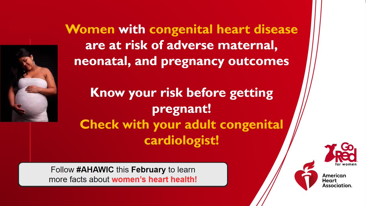 Our @AHAScience #AHAWIC Committee is sharing facts & recent research on 🫀 disease in women all #HeartMonth We highlight #pregnancy #outcomes in #women with #CHD #GoRed #KnowYourRisk @MonSangh @PamTaubMD @noshreza @KTamirisaMD @ErinMichos @CandiceSilvers1 @bcostelloMD