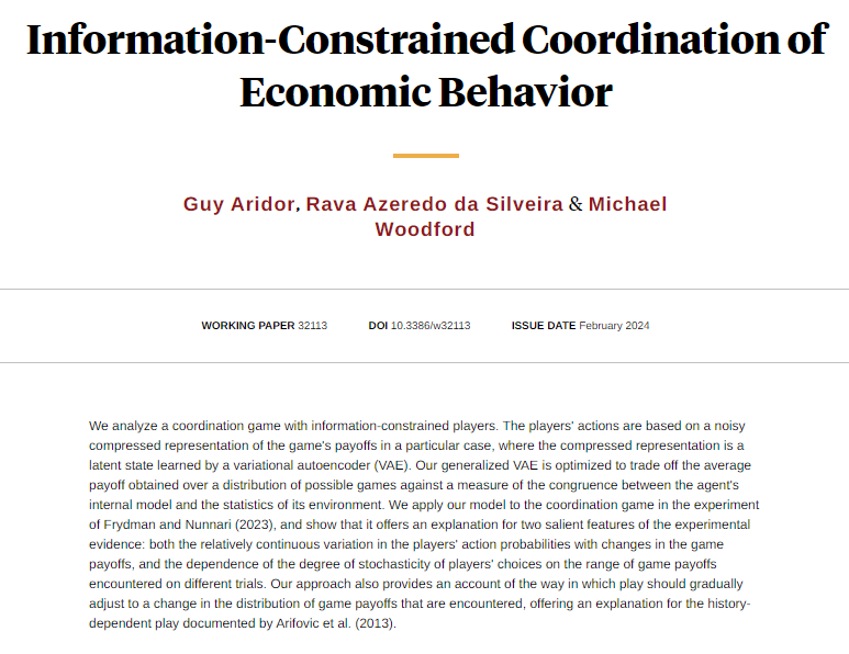nberpubs's tweet photo. Variational autoencoders can model imprecision in the way that people coordinate their behavior in laboratory experiments, and adapt to new environments, from Guy Aridor, Rava Azeredo da Silveira, and Michael Woodford https://t.co/yOC4Wlw1An https://t.co/y5YcBLkv49