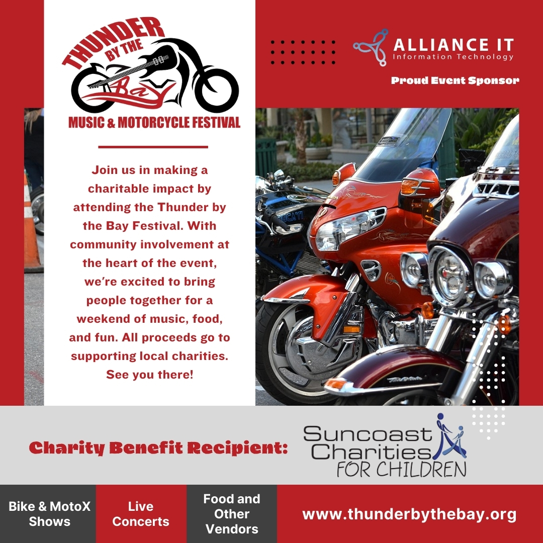 Join Alliance IT in Revving Up Support at Thunder By The Bay! Let's ride together for a cause, February 16-18—where every roar and riff makes a difference!

#ThunderByTheBay #LetsRideTogether #ForACause
