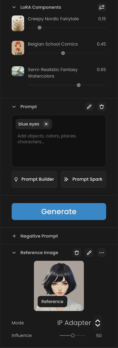 TimotheosPaul's tweet photo. 👁️✨ Next level hack! Add the image to the 'Reference Image' zone, Select 'IP Adapter' mode, set Influence to 50, and just type 'blue eyes' for the prompt💙🔮

The transformation? Absolutely stunning! Your creations, supercharged. 💥

 #CreateWithEase #AIArtMagic https://t.co/h7xXJflxRw
