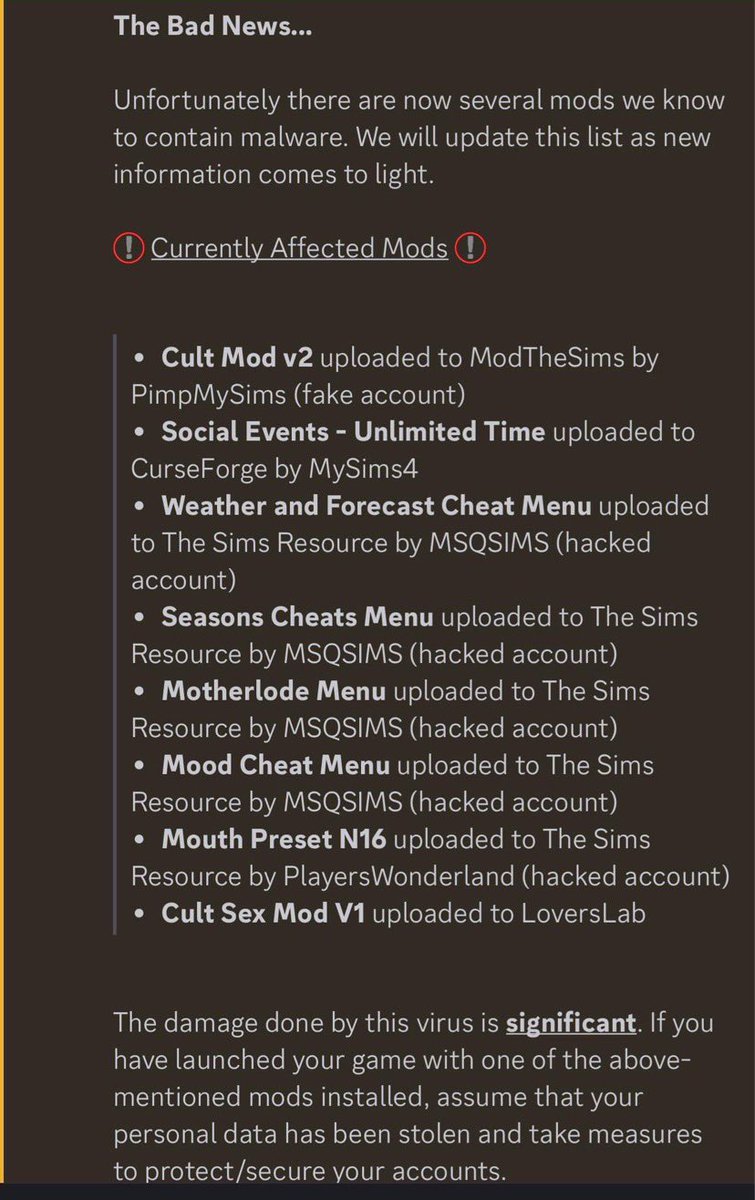 gardenova_sims's tweet image. 🚨🚨 MALWARE DETECTED FROM CURSEFORGE / LOVERSLAB / MOD THE SIMS / SIMS RESOURCE 🚨🚨

please read the pictures below or follow this link! 
IF you are a Windows PC user I suggest you check your pcs immediately!!🚨
@TheSims @EA 

#sims4 #sims #sims4cc