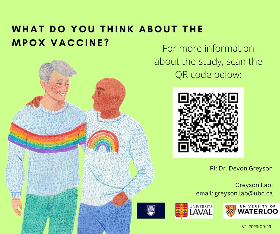 What do you think about the mpox vaccine? Connect with researchers at UBC's Greyson Lab and share your thoughts. Participants will receive $50 for a confidential 1 hour interview. ow.ly/qws850Qztyc