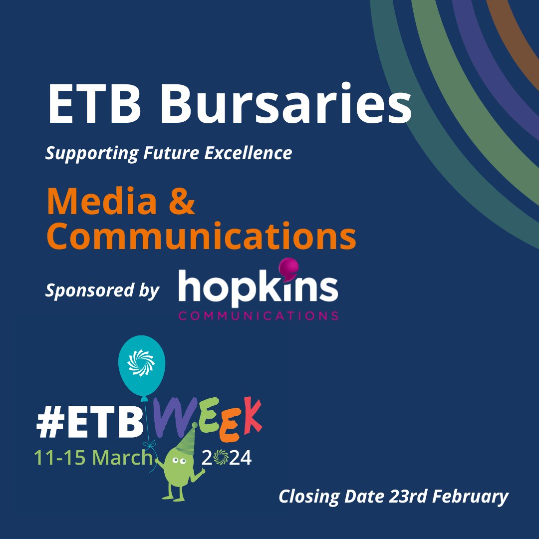 We are delighted to support future excellence by awarding four bursaries each worth €5,000 to exceptional ETB learners as part of ETB Week!  Thank you to our fantastic Media &amp; Communications sponsors <a href="/HopkinsComms/">Hopkins Communications</a> 🎉

Learn more and apply at this link 👇
shorturl.at/uHIKT