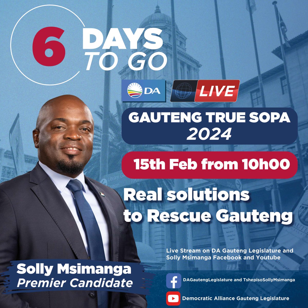 DA_GPL's tweet photo. 🎥 Don't miss out! Join us on February 15th at 10:00 for the DA Gauteng's True SOPA. We'll be discussing Real Solutions to Rescue Gauteng Province. Watch the broadcast LIVE on DA’s YouTube or Facebook pages. #GPTrueSOPA #DA_GPL @DemocraticAllianceGauteng https://t.co/OLVxQPCD40