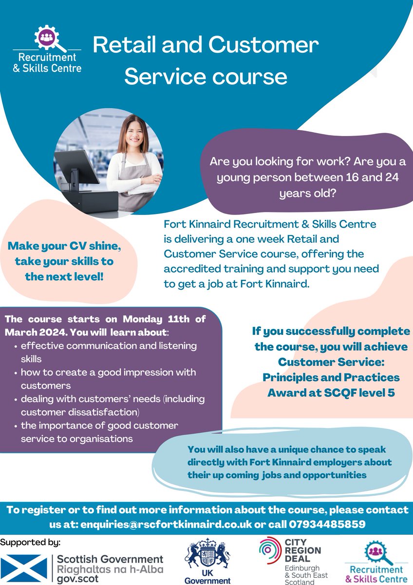 Are you 16-24 years old? Would you like to improve your CV and gain a Customer service SCQF Level 5 qualification? This course might be for you! Make your CV shine, and take your skills to the next level! Ongoing support will be provided. Starting the 11th of March 2024