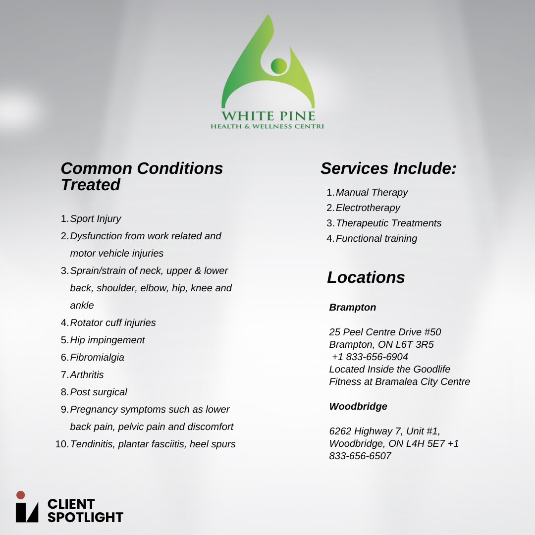 📣Introducing this month's Client Spotlight📣 White Pine Health &amp; Wellness Centre!! White Pine offers many cutting edge treatments including physiotherapy, chiropractic, massage therapy, hydrotherapy, acupuncture, and more! #ClientSpotlight