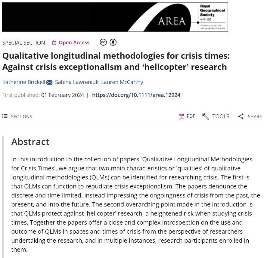📣New paper published in #areajournal by @K_Brickell, @SabinaLawreniuk and @genderCSR introducing an upcoming Special Section: 'Qualitative longitudinal methodologies for crisis times: Against crisis exceptionalism and ‘helicopter’ research'. doi.org/10.1111/area.1…