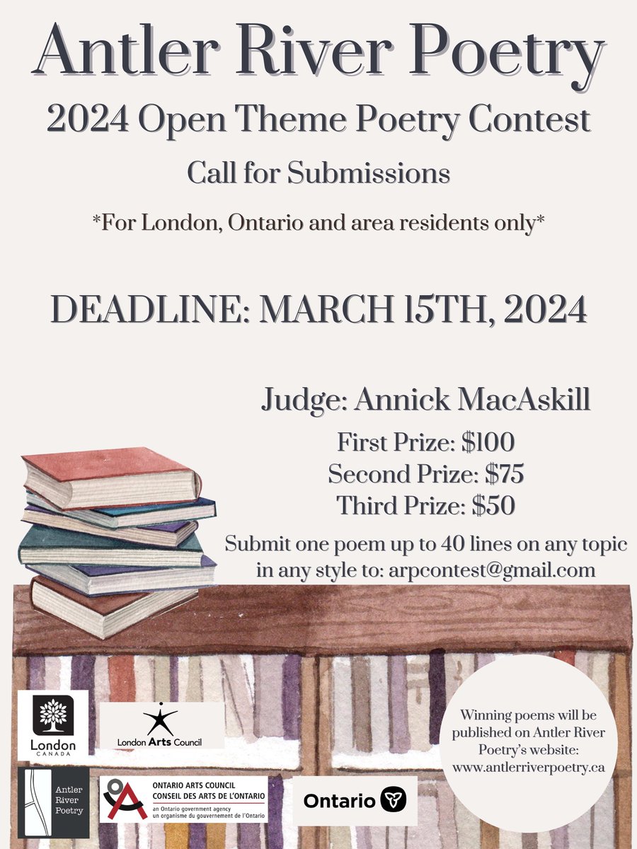 poetrylondon_ca's tweet photo. Our 2024 Open Theme Poetry Contest is here! If you live in #ldnont (and area), submit one original poem of up to 40 lines on any topic, in any style.

Our judge is the incredible @thisisannick! 

Deadline is March 15th. All details: 
https://t.co/4keknLbhDC https://t.co/HNKaMqDcae