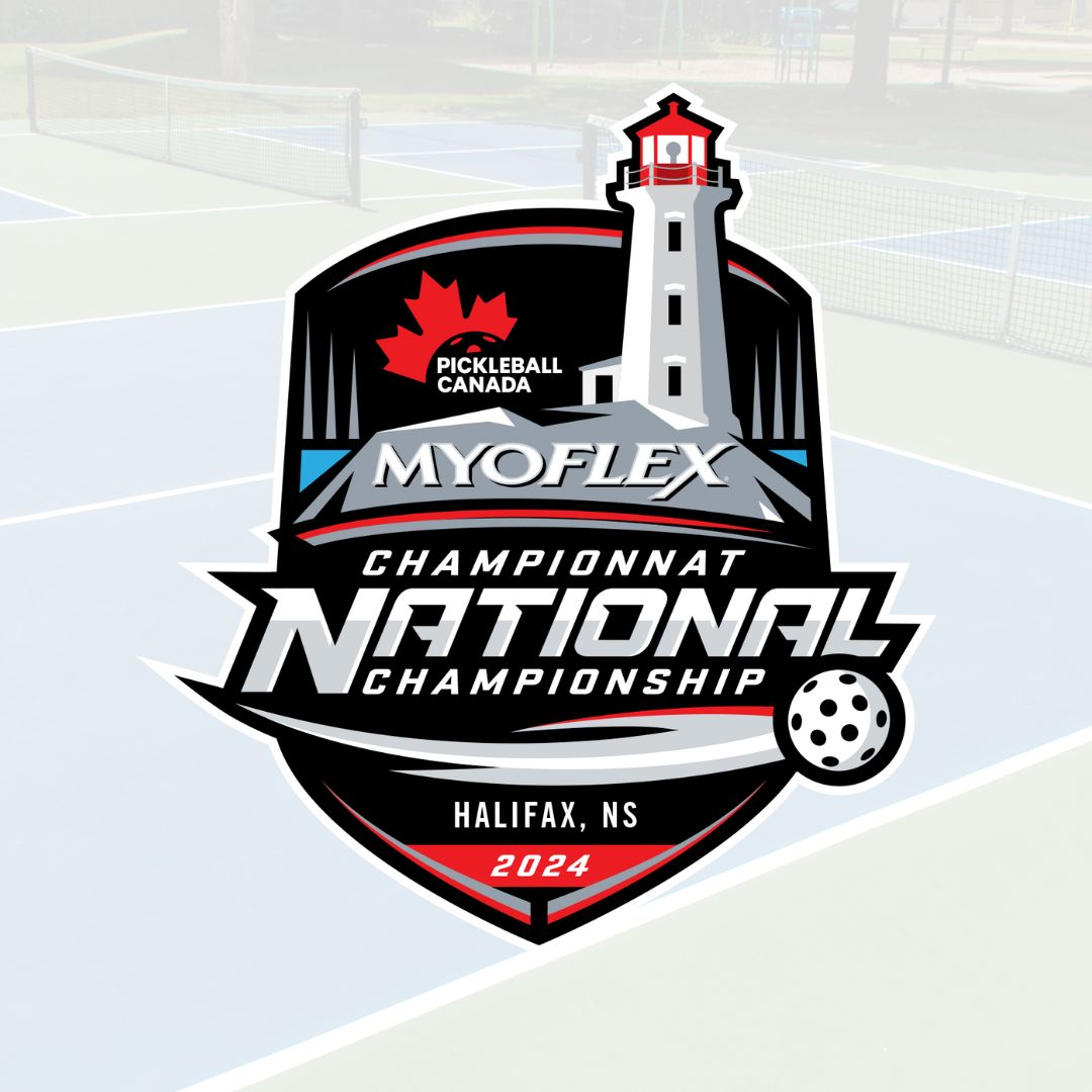 The Myoflex® 2024 Pickleball Canada National Championship logo which will be hosted in Halifax, Nova Scotia from August 20-24. 
---
Le logo du Championnat national Myoflex® 2024 de Pickleball Canada, qui aura lieu à Halifax, en Nouvelle-Écosse, du 20 au 24 août.