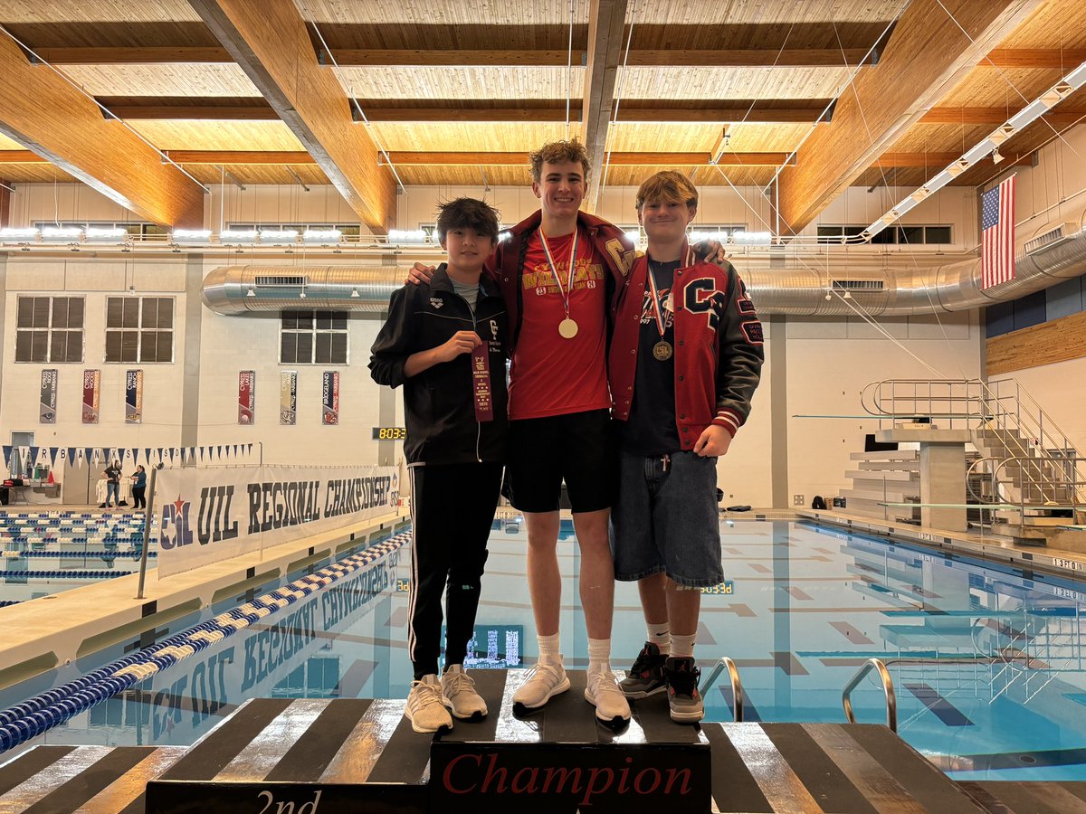 Congratulations to our CFISD boy divers!  Ben is our Region Champion.  Caden placed 3rd and Jacob placed 6th at Regionals. Ben and Caden both qualified for the State meet in Austin, which takes place February 23rd &amp; 24th!  I am so proud of all your hard work and dedication!