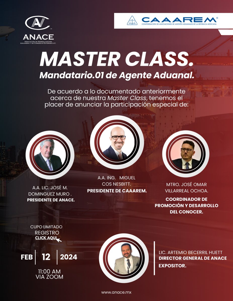 CAAAREM's tweet photo. Conoce a los invitados especiales que formarán parte de nuestra #MasterClass para presentar el nuevo estándar de Competencia Laboral: Mandatario.01 de Agente Aduanal.
📅12 de febrero de 2024
⏰11 am vía zoom.
Registro: ➡️ https://t.co/n2I9X3LlIv
#CAAAREM #RedCONOCER #anace #agentesaduanales #agenteaduanal