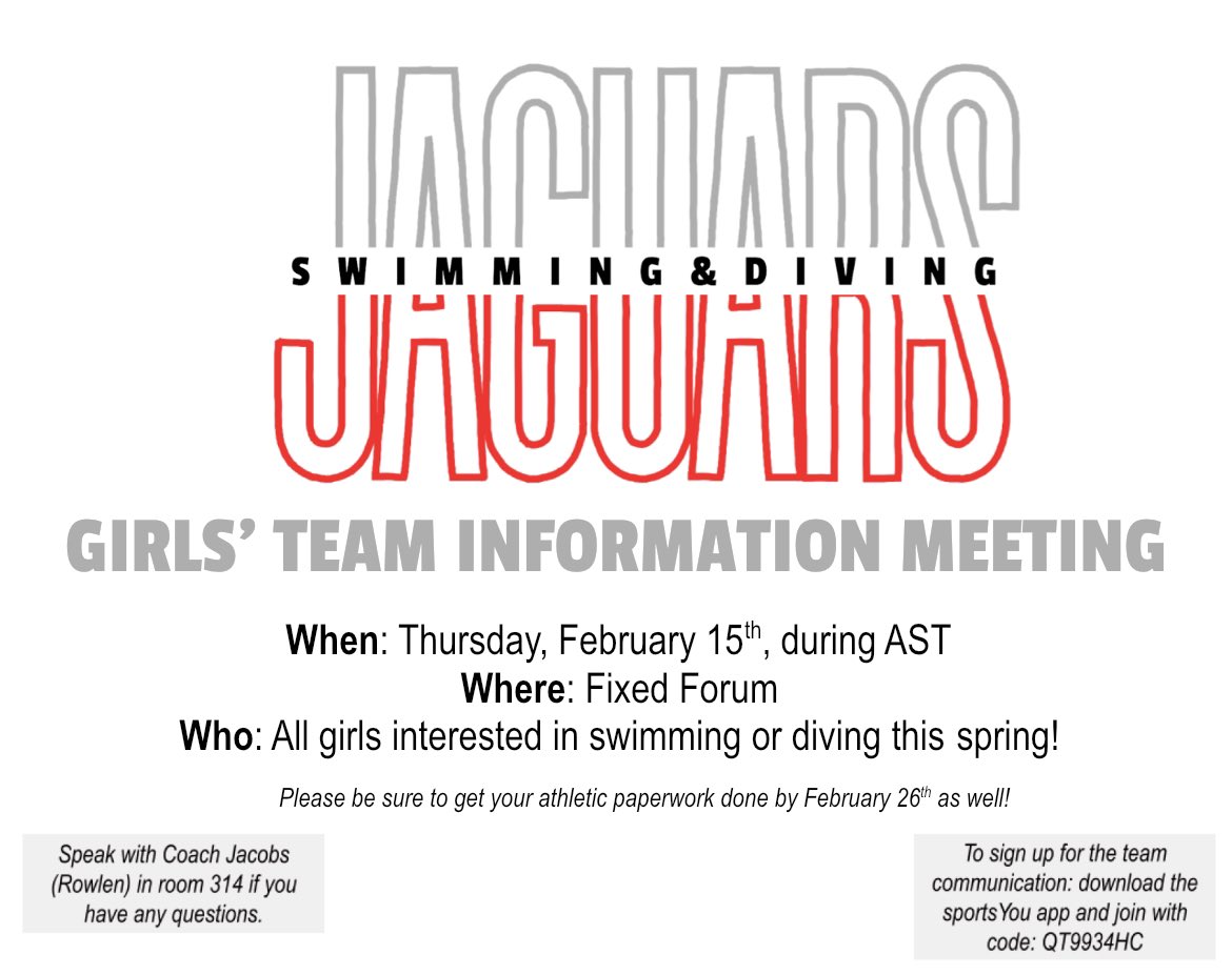 Athletes: Mark your calendars! We will have a pre-season information meeting on Thursday 2/15 during AST. We will meet in the Fixed Forum. 

Last year’s team members: wear your red team shirt from last year with jeans for a group photo after!