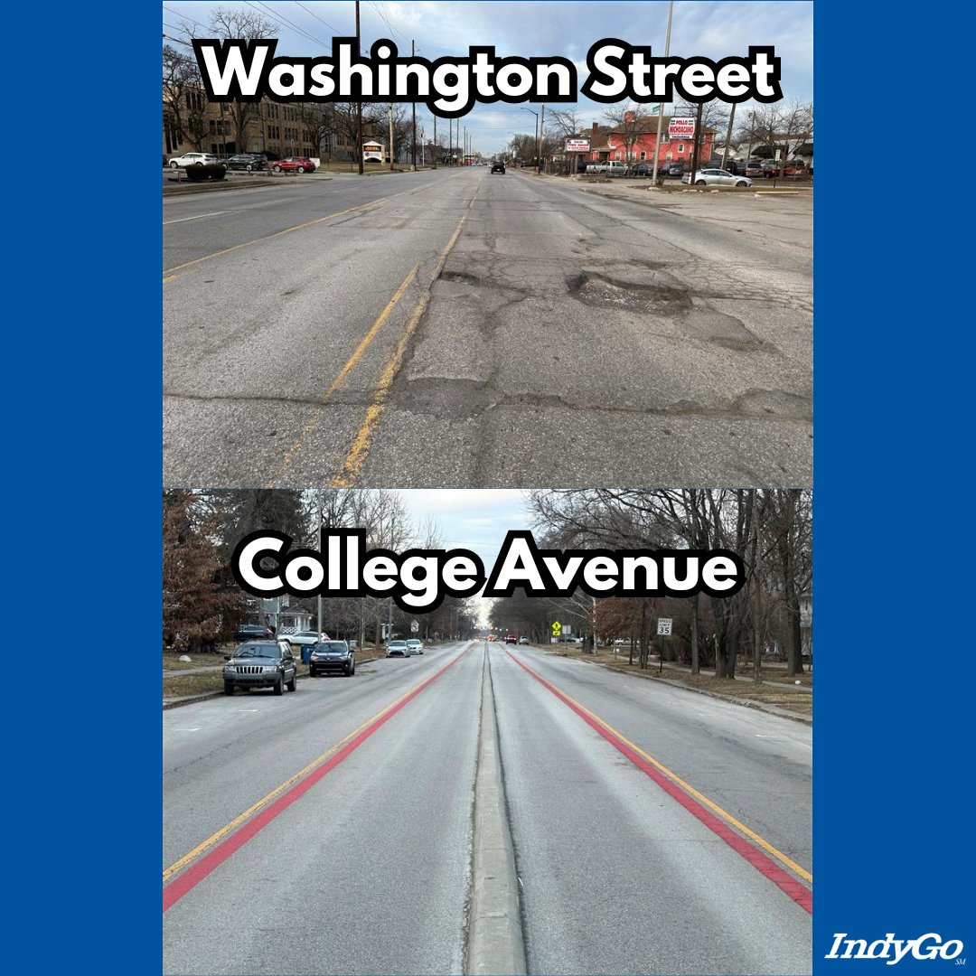 IndyGoBus's tweet photo. Here’s a side-by-side comparison of potholes on Washington St. vs potholes on College Ave. 

What’s that? You don’t see any potholes along College Avenue? I wonder if the $40 million of infrastructure improvements as part of the Red Line had anything to do with it? https://t.co/IMt3XZvGYR