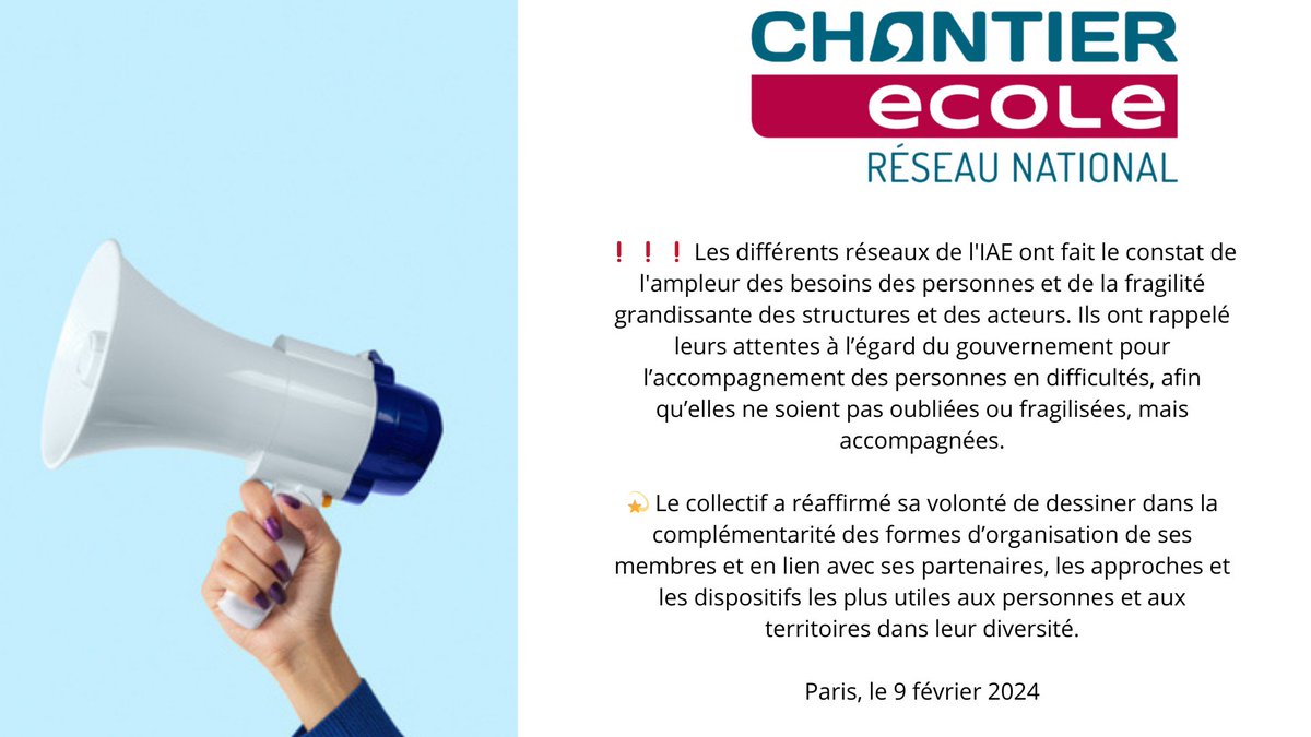 Collectif IAE : Plus que jamais mobilisés pour le plein emploi solidaire 
<a href="/FedeSolidarite/">Fédération des acteurs de la solidarité</a> <a href="/COORACE/">Coorace</a> @LeMvtdesRegies UNAI <a href="/restosducoeur/">Les Restos du Coeur</a> <a href="/emmaus_france/">Emmaüs France</a> <a href="/lafederationEI/">La fédération des entreprises d'insertion</a> <a href="/reseaucocagne/">Réseau Cocagne</a>