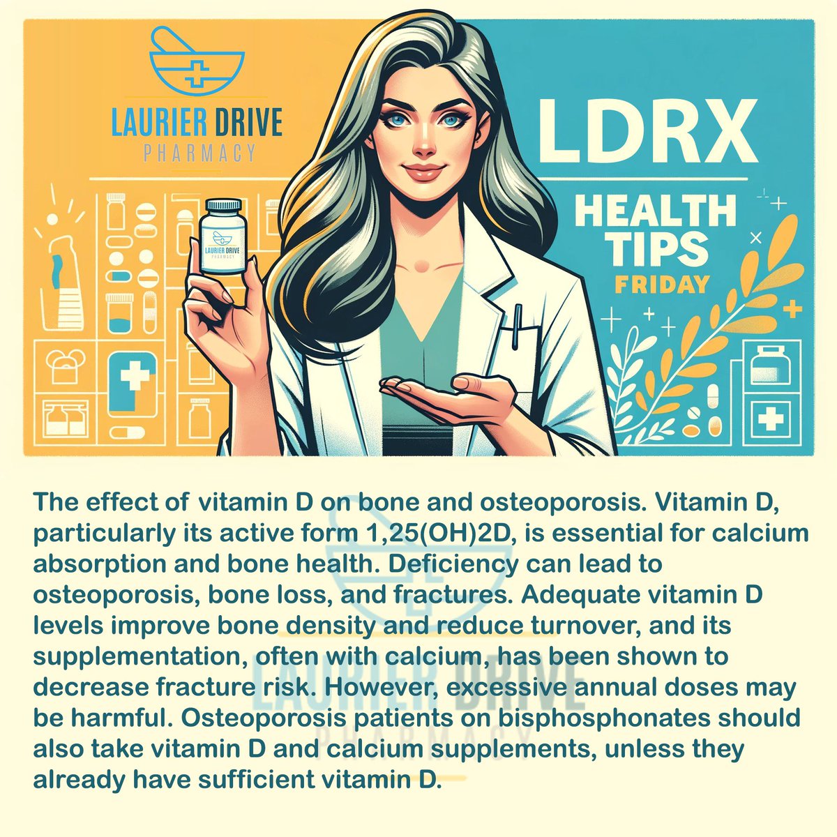 LDRX Health Tips Friday! Vitamin D plays a crucial role in calcium absorption, vital for strong bones & preventing osteoporosis. Sunlight is a great source, but supplements help in winter. Ask us for the best options! #BoneHealth #VitaminD #Osteoporosis #Pharmacy