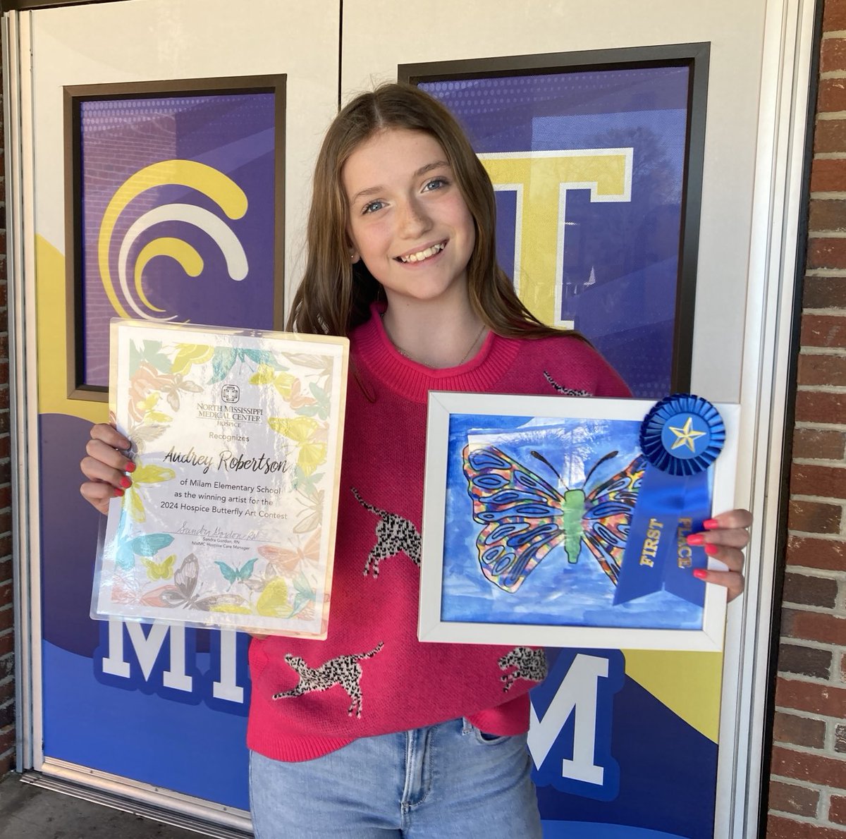 MilamRipples's tweet image. Congratulations to Audrey Robertson! Her Butterfly Art was selected by NMMC Hospice as their 2024 T-Shirt Artwork. Over 200 Milam students participated in this contest led by Milam’s art teacher, Mr. Walker.