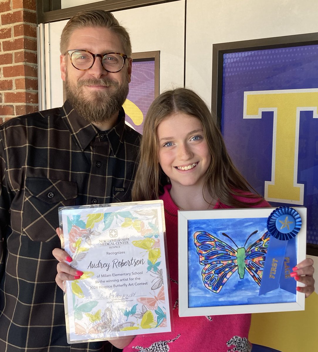 MilamRipples's tweet image. Congratulations to Audrey Robertson! Her Butterfly Art was selected by NMMC Hospice as their 2024 T-Shirt Artwork. Over 200 Milam students participated in this contest led by Milam’s art teacher, Mr. Walker.