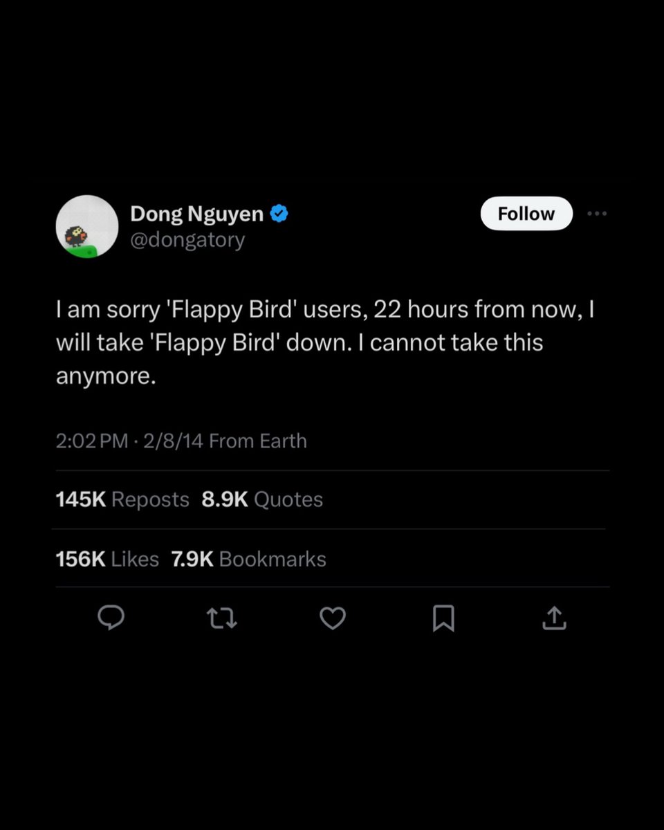 Dexerto's tweet photo. Flappy Bird was removed from the App Store exactly 10 years ago https://t.co/hS1C63JzDH