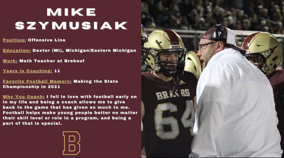 MEET THE STAFF:

Coach Szymusiak - Offensive Line

#GoBraves | #MOC