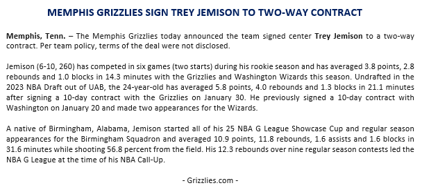 GrizzliesPR's tweet photo. The @memgrizz today announced the team signed Trey Jemison to a two-way contract. https://t.co/5go0UDG2ZM