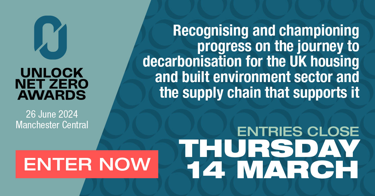 We're excited to be partnering with the Unlock Net Zero Awards! Held in #Manchester during #Housing2024, the awards recognise and champion progress on our built environment's journey to decarbonisation!

Entries close on Thursday 14 March. Find out more: unlocknetzero.co.uk/awards