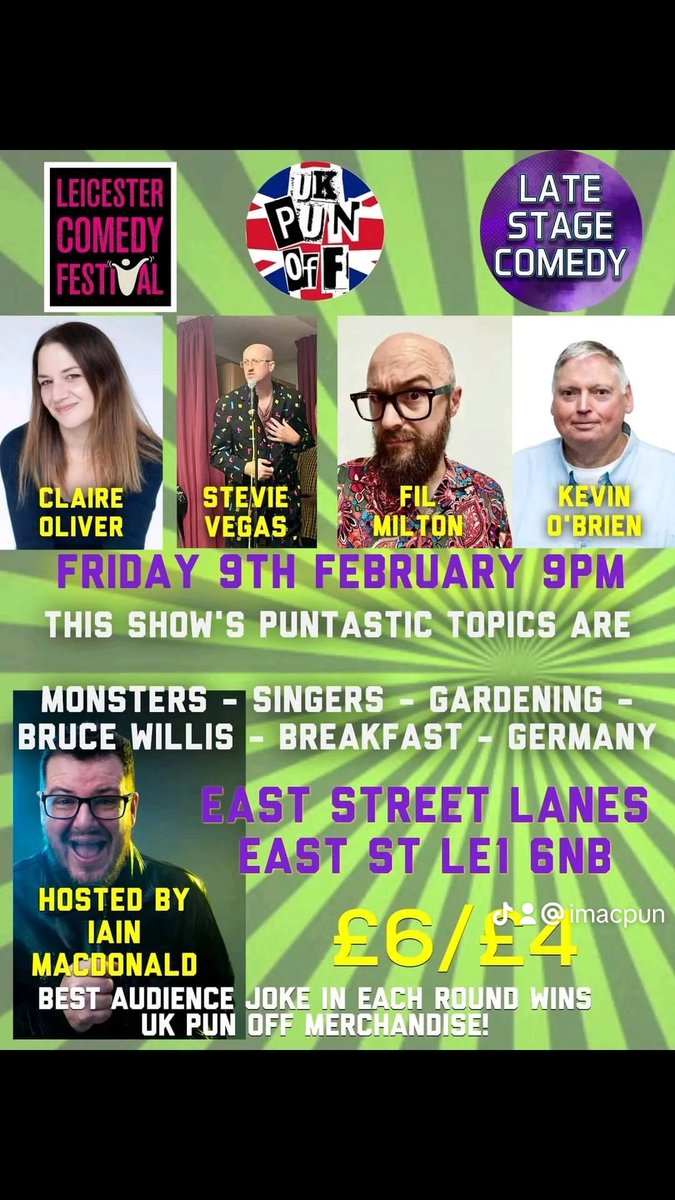 2nd UK Pun Off tonight @EastStreetLanes with @latestagecomedy as part of the @LeicsComedyFest. Going to be an especially fun one as we'll have a special guest punner as a late replacement. You are NOT going to want to miss this one! comedy-festival.co.uk/events/uk-pun-…