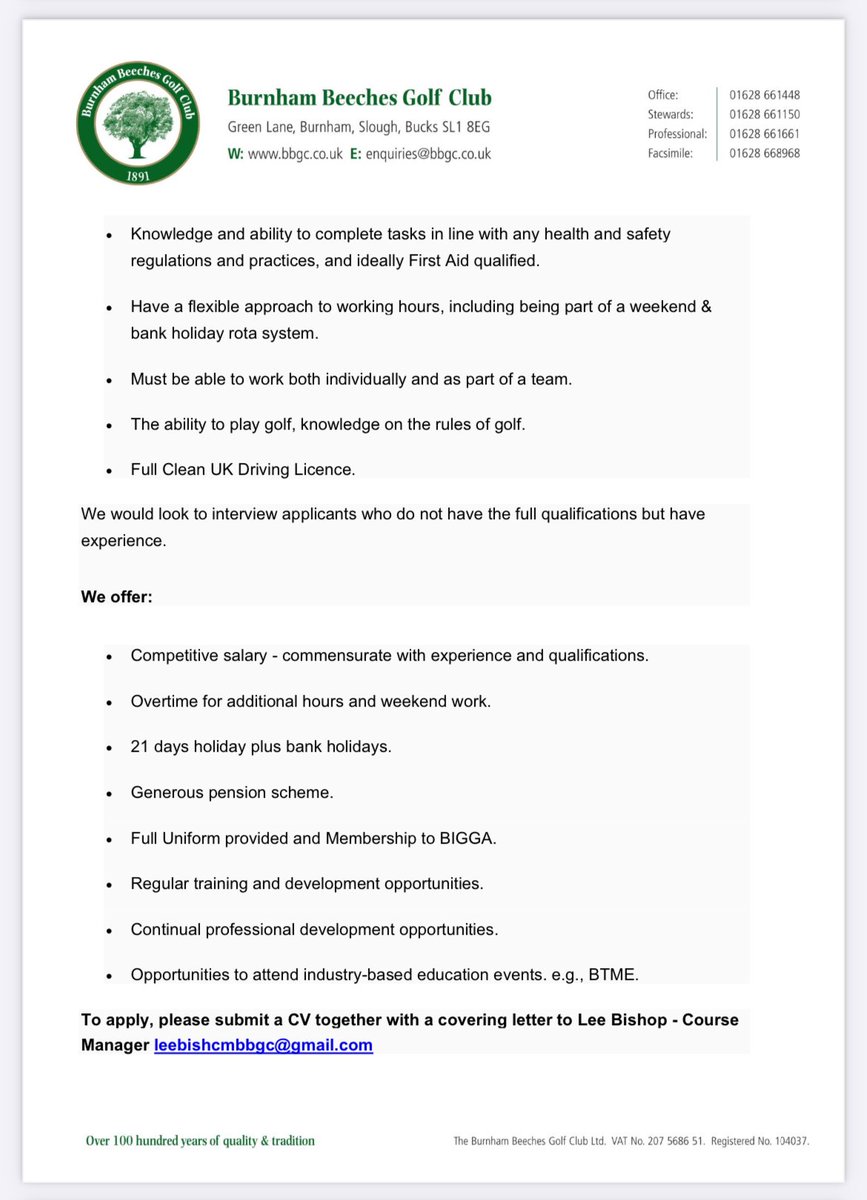 <a href="/BurnhamBgolf/">Burnham Beeches Golf</a> are recruiting a qualified/experienced Greenkeeper to join our team 7. See advert attached, DM me for more information or send cover letter &amp; C.V. to leebishcmbbgc@gmail.com 
Any retweets appreciated.