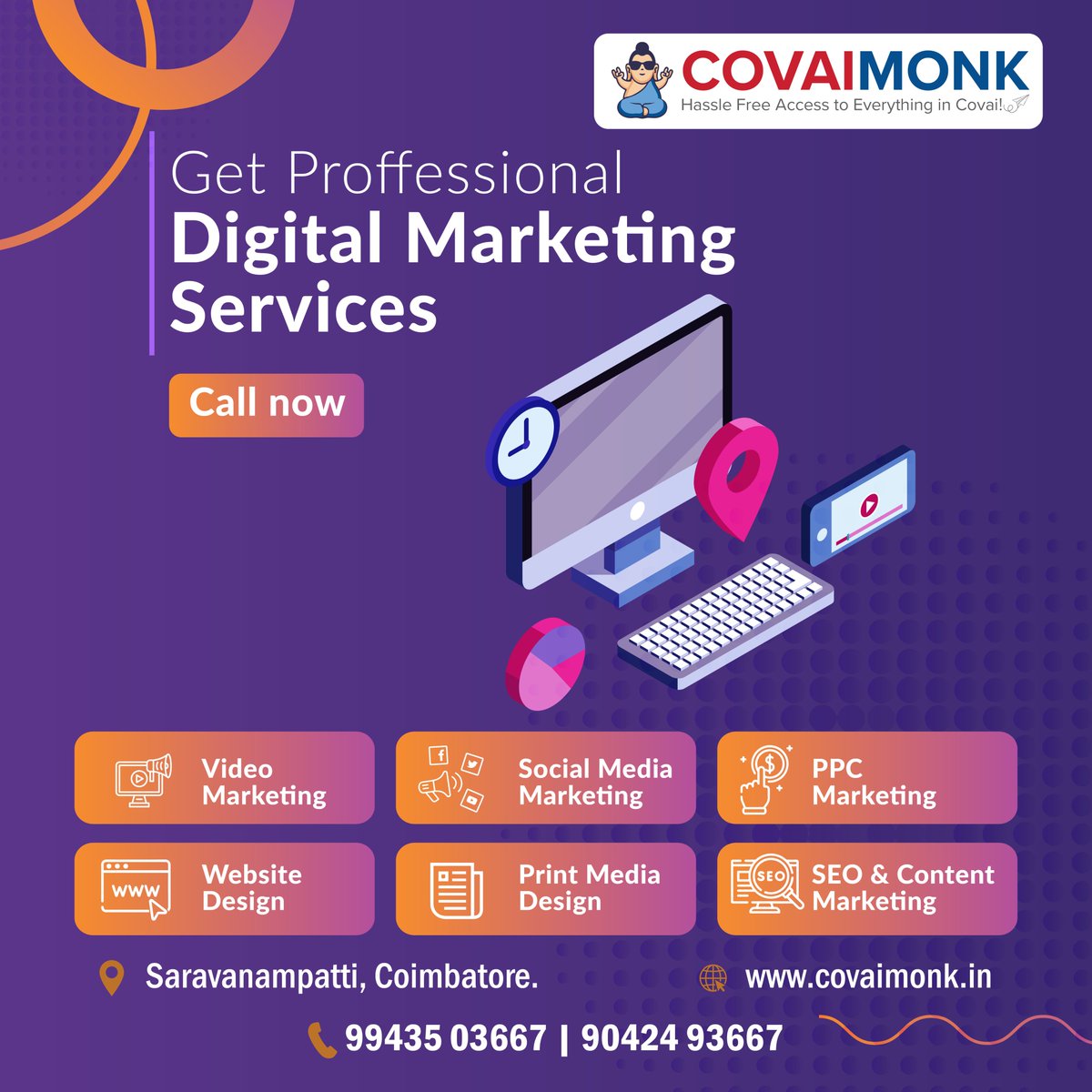 Get Proffessional Digital Marketing Services..!
#covaimonk #twittermarketing #LinkedInMarketing #facebookmarketing #googleadsmarketing #youtubemarketing #printing #branding