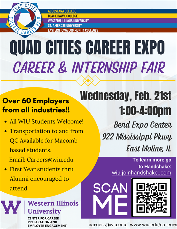 WackerleCenter's tweet photo. ‼️Quad Cities Career Expo‼️

Career and Internship Fair Wednesday, February 21st from 1:00-4:00 at the Bend Expo Center in East Moline! https://t.co/r2AMy4tZ5P