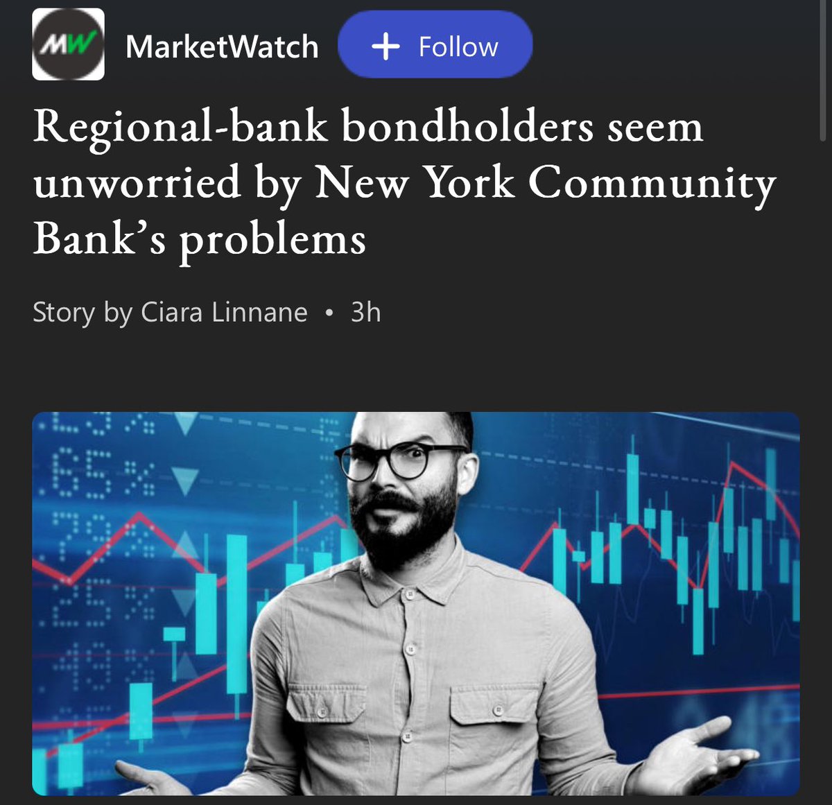 GriffinsMayo's tweet photo. Regional-bank bondholders seem unworried by New York Community Bank’s problems
🩸 While #regionalbankstocks continue to be dragged down by the troubles assailing #NewYorkCommunityBank, their #bonds are holding up — suggesting bondholders view $NYCB issues as isolated.
🩸 The bank confirmed that both its chief risk office and main audit executive had left the bank, stirring unhappy memories of #SiliconValleyBank and its March 2023 collapse.
🩸The bond market “seems to think this is an isolated problem and there’s no contagion,” one market source told MarketWatch.
https://t.co/fObJNXlpsf