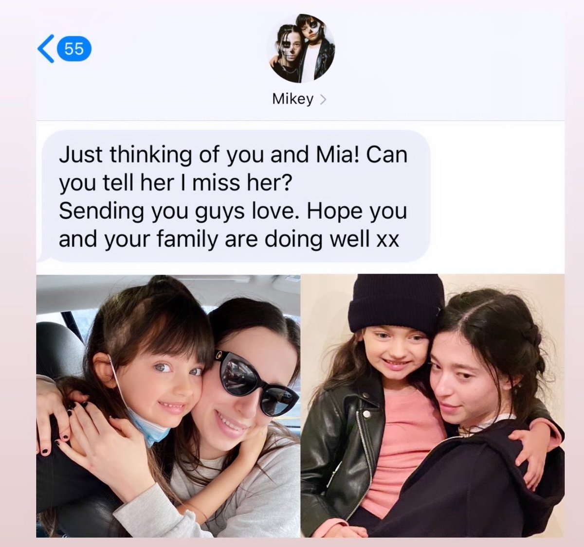Message that Mikey Madison sent to the mother of Mia Disnard, her co-star  in the film “All Souls”: “Just thinking of you and Mia! Can you tell her I  miss her? Sending