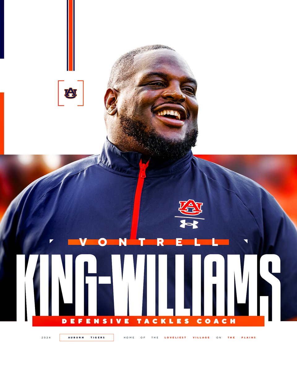 Auburn Football (@auburnfootball) on Twitter photo It's 𝐨𝐟𝐟𝐢𝐜𝐢𝐚𝐥 🖊️
<a href="/CoachKingWill/">Coach V. King-Williams</a> has been named our Defensive Tackles coach!
auburntige.rs/vontrell | #WarEagle🦅 It's 𝐨𝐟𝐟𝐢𝐜𝐢𝐚𝐥 🖊️
<a href="/CoachKingWill/">Coach V. King-Williams</a> has been named our Defensive Tackles coach!
auburntige.rs/vontrell | #WarEagle🦅