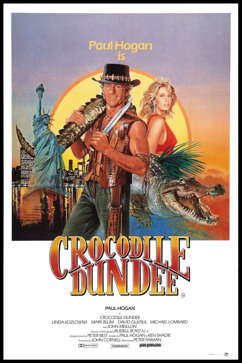 The #LOLmovies are on #LaffTV (CH. 7.3 in #Detroit/#yqg.) See #PaulHogan as #CrocodileDundee in this 1986 hit comedy tonight at 8 p.m. His co-stars are #LindaKozlowski and #JohnMeillon. This is the Australian movie poster and it's the country's highest-grossing film of all time.