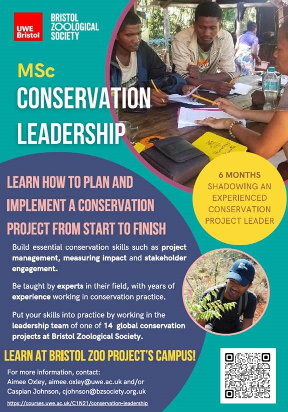 Ready to boost your conservation career? Join the MSc Conservation Leadership Virtual Open Event on Feb 28, 12:30-1:30pm (GMT) to learn about our new program from UWE Bristol and Bristol Zoological Society. Click the link to join us: shorturl.at/dtLOY