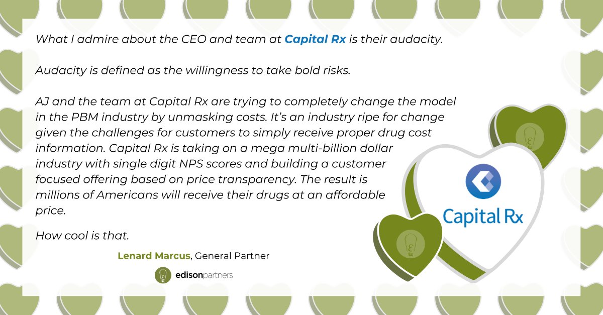 Edison Partners (@edison_partners) on Twitter photo 💚 Cupid Chronicles: Edison Edition
We're celebrating #Valentine's Day all month long! To honor the "month of love," we're taking turns highlighting the people we appreciate most: our portco #leaders, boards & teams.
We appreciate you <a href="/cap_rx/">Capital Rx</a> CEO AJ Loiacono & team!⚡ 💚 Cupid Chronicles: Edison Edition
We're celebrating #Valentine's Day all month long! To honor the "month of love," we're taking turns highlighting the people we appreciate most: our portco #leaders, boards & teams.
We appreciate you <a href="/cap_rx/">Capital Rx</a> CEO AJ Loiacono & team!⚡