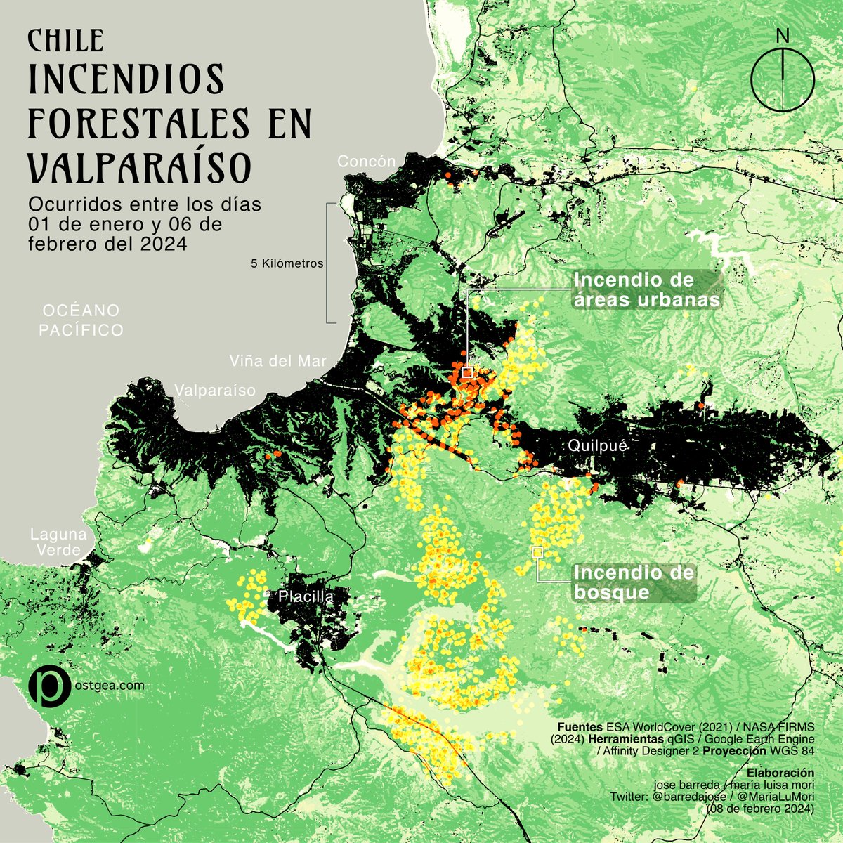 barredajose's tweet photo. Hace un par de días elaboramos este mapa de incendios forestales detectados por VIIRS NRT en Chile. En naranja las viviendas calcinadas, en amarillo el bosque perdido.

#Mapa #Chile #Valpariso #VinaDelMar #IncendiosForestales #environment #IncendiosChile https://t.co/IC98zzZFO6