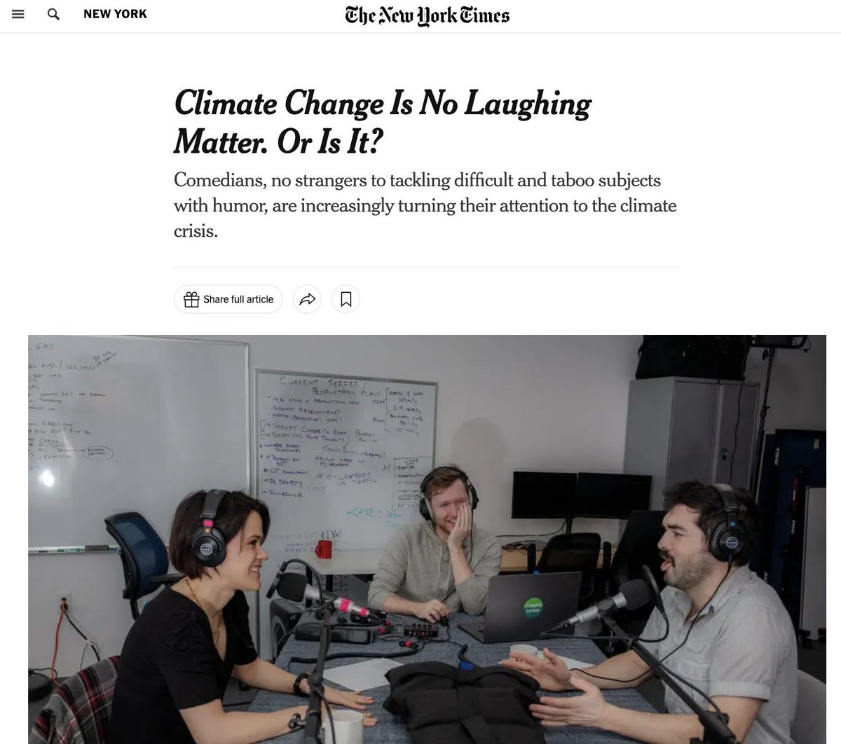 We're very proud to be mentioned alongside so many amazing initiatives exploring comedy and climate change! @andrewboyd @nick_oldridge @ClimateSciBreak @nytimes @RollieWilliams @51_PercentProj @ClimateTown @weareyellowdot @theclimatevote